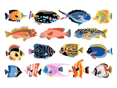 Colorful Fish Illustration, How To Draw Tropical Fish, Tropical Fish Illustration, Cool Fish Drawing, Tropical Fish Painting, Colorful Fish Drawing, Colorful Fish Tattoo, Fish Illustration Cute, Tropical Fish Drawing