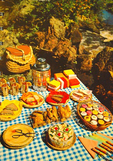 MCM era cookbook, picnic by the stream Picnic Themed Parties, Giki Tiki, Picnic Snacks, Camping Inspiration, Picnic Inspiration, Summer Jam, A Place For Everything, Summer Backyard, Vintage Picnic