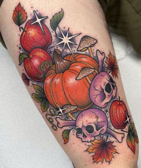 Autumnal Tattoo, Fall Tattoo Ideas, Traditional Tattoo Halloween, Slipknot Tattoo, Fall Tattoos, Fall Tattoo, Beer Tattoos, Colour Tattoos, Apple Tattoo