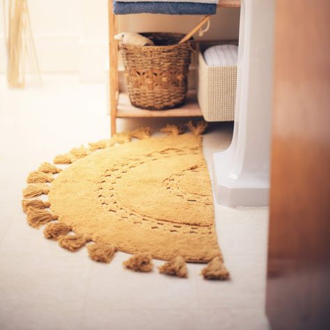 Boho Bathroom Rugs, Boho Bathroom Rug, Round Bath Mats, Rug With Tassels, Boho Bath Mat, Bohemian Bathroom, Boho Bathroom Decor, Yellow Bathrooms, Boho Bathroom