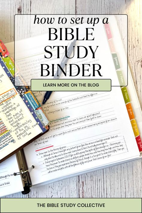 How to set up a Bible Study Binder - If you have been studying your Bible for very long, you likely have a pile of notes, journaling pages, cross-references, and keyword lists stacking up. It's time to organize your Bible studies with a Bible study binder! Ready to learn more? Head to the Bible Study Collective blog for my tips and tricks on Bible study binders! Speck Bible Study Method, Setting Up A New Bible, Bible Study Binder Free Printables, Best Bible Study Books, Bible Study Binder Ideas, Bible Binder Ideas, Word Bible Study Method, New Bible Set Up, Bible Study Hacks