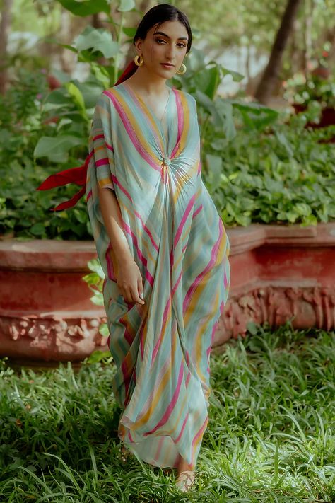 Multi-Colored Pure Crepe Kaftan Design by Paulmi & Harsh at Pernia's Pop Up Shop 2022 Kaftan Dress Pattern, Kaftan Design, Dress And Jacket Set, Long Kaftan, African Fashion Women Clothing, Indian Fashion Designers, African Fashion Women, Kaftan Dress, Color Stripes