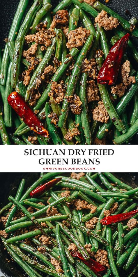 Sichuan dry fried green beans feature blistered green beans tossed with a savory aromatic sauce, making this dish too good to pass up! It’s an addictive side dish and substantial enough to serve as a main. {Vegan Adaptable, Gluten Free Adaptable} Schezuan Green Beans, Sichuan Green Beans, Stir Fried Green Beans Asian Style, Fried Green Bean Recipes, Blistered Green Beans, Dry Fried Green Beans, Green Vegetable Recipes, Asian Green Beans, Stir Fry Green Beans