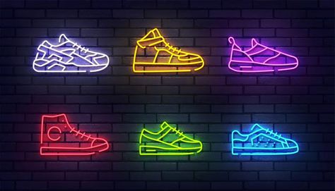 Shoes Neon Sign, Neon 2023, Wall Illustration, Hipster Accessories, Neon Shoes, Neon Retro, Pastel Blue Background, Shoe Poster, Club Restaurant