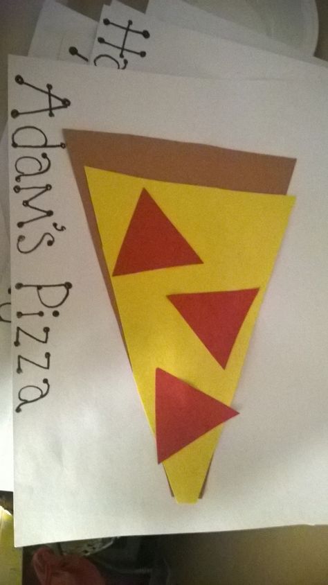 My class is learning about triangles, so we made pizza! Shape Triangle Preschool, Triangle Learning Activities, Triangle Pizza Craft Preschool, Shapes Art For Preschool, Triangle Art For Preschoolers, Teaching Triangles Preschool, Triangle Lesson Plans Preschool, Triangle Crafts Preschool Art Projects, Triangle Projects For Preschool