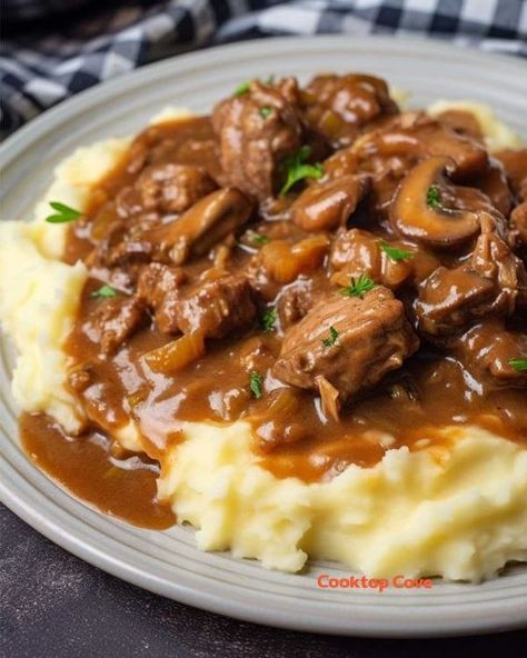 Whenever I make this, my hubby thanks the lord before and is practically licking his plate by the end Beef Tips With Mushroom Gravy, Beef Tip Recipes, Mushroom Gravy Recipe, Beef Tips And Gravy, Beef Casserole Recipes, Beef Tips, Mushroom Gravy, Beef Recipes Easy, My Hubby