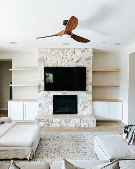 35 Fireplace With Built Ins On Both Sides Ideas For Decor Built In Fireplace And Tv Diy, Fireplace Built Ins Diy, Fireplace With Built Ins, Wall Units With Fireplace, Brick Fireplace Wall, Built In Around Fireplace, Fireplace Feature Wall, Faux Stone Walls, Fireplace Bookshelves