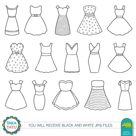 Dress Clipart Black and White Dress Doodles / Fashion - Etsy Dress Drawing Easy, Stamp Dress, Dress Clipart, Art To Make, Dress Up Party, Vintage Polka Dot Dress, Circle Drawing, Fashion Drawing Sketches, Easy Drawings Sketches