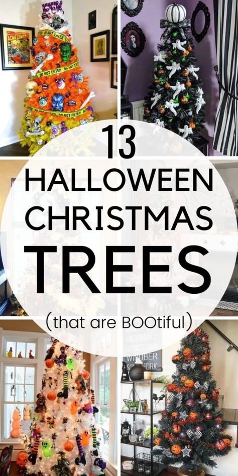 Halloween Christmas Tree Ideas, Halloween Christmas Tree, Creepy Halloween Decorations, Diy Halloween Decor, Halloween Tree, Black Christmas Trees, Christmas Tree Ideas, Halloween Trees, Creepy Halloween