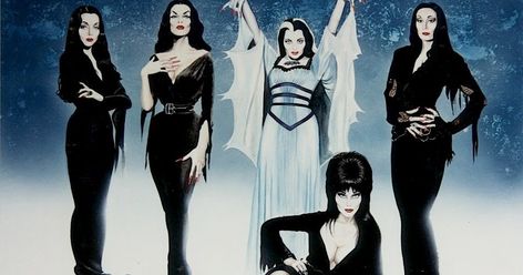 Top #1: 'GHOULS NIGHT OUT' (artwork) left to right: Morticia: Carolyn Jones (The Addams Family TV series), Vampira: Maila Nurmi (the... Funny Halloween Pictures, Halloween Meme, Lily Munster, Halloween Humor, Cassandra Peterson, Elvira Mistress Of The Dark, Halloween Memes, Seriously Funny, Halloween Quotes