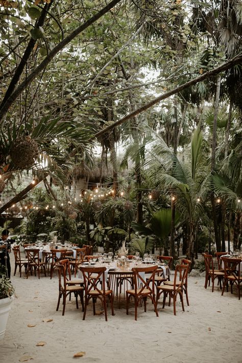 Dreams Tulum Secret Garden Wedding, Tulum Destination Wedding, Tulum Wedding Ideas, Round Table Reception, Round Wooden Tables, Jungle Wedding Theme, Tulum Jungle, Dreams Tulum, Jungle Wedding