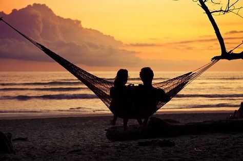 Couple sitting in a hammock at sunset Somewhere On A Beach, Romantic Gestures, Two People, Beautiful Sunset, Sunrise Sunset, Beach Life, Hammock, Beautiful Places, The Sun