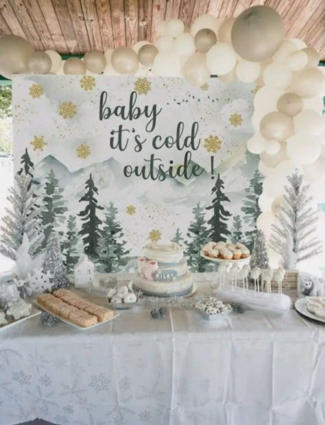 Snow Forest Baby Shower, Cute Gender Reveal Themes Winter, Gender Reveal In January, Gender Reveal Themes January, January Gender Reveal Party, Boy Baby Shower Winter Theme, Gender Reveal Party Christmas Theme, Winter Birthday Theme Ideas, Baby It’s Cold Outside Backdrop