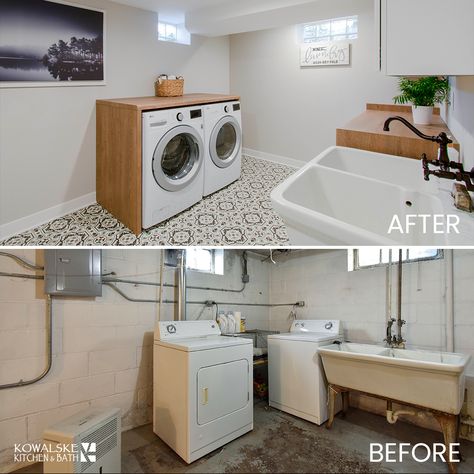 Clean, functional and beautiful! Such a refreshing laundry room, with folding space and cabinet storage. We brought old world charm by incorporating the original utility sink and adding vinyl print flooring. #LaundryRoom #BasementRemodel #laundryroomideas Unfinished Basement Laundry, Basement Laundry Room Makeover, Laundry Remodel, Garage Laundry Rooms, Garage Laundry, Basement Remodel Diy, Basement Laundry Room, Basement Finishing, Basement Laundry