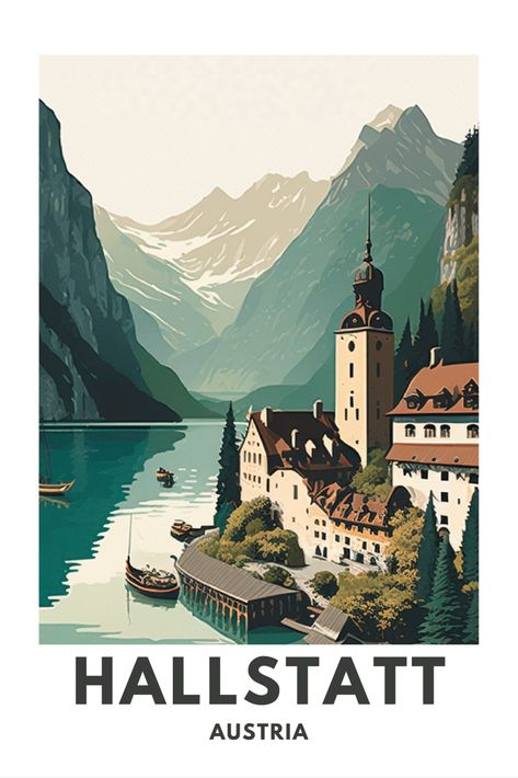 This picturesque Austrian village is known for its stunning alpine scenery, crystal-clear lake, and historic architecture. The poster features a stunning night landscape of Hallstatt, with lit cityscapes, long exposures, and a starry sky that captures the serene and peaceful atmosphere of the town. This poster is perfect for travellers, nature lovers, and anyone who wants to add a touch of rustic charm to their home or office. Oberammergau Germany, Austrian Village, German Travel, Wanderlust Decor, Vintage Instagram, Travel Painting, Historic Architecture, Austria Travel, Retro Travel Poster