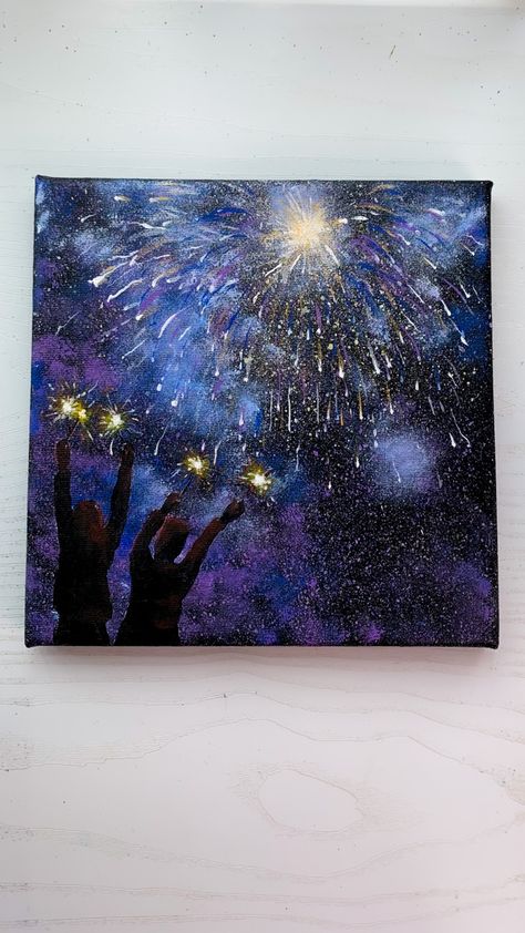 Eid Painting, New Year’s Eve Painting, New Year Canvas Painting Ideas, Eid Painting Ideas, New Year Painting Ideas Canvas, Celebration Painting, Celebration Art Gcse, Fireworks Painting, Firework Painting