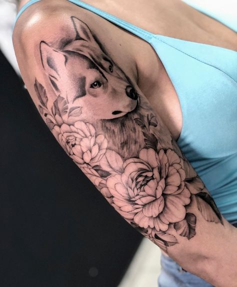 Dog Half Sleeve Tattoo, Dog Paw Tattoo, Paw Tattoo, Tattoos For Women Half Sleeve, Sleeve Tattoos For Women, Dog Flower, Dog Tattoo, Upper Arms, Half Sleeve Tattoo