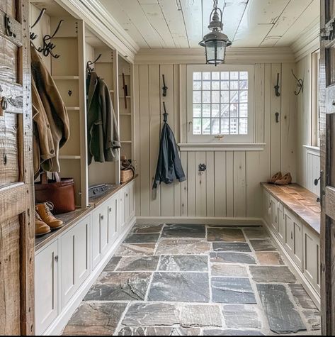 Log Home Mud Room, Farmhouse Vestibule, Working Farm Mudroom, Rustic Mud Room Ideas, Large Mud Room, Farm Mudroom, Backyard Woods, Farmhouse Mud Room, Sprout House