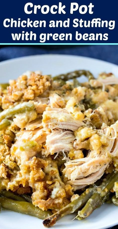 Crock Pot Chicken and Stuffing with Green Beans #slowcooker #crockpot #chicken #dinner Chicken Stuffing Green Beans, Chicken Stuffing Crockpot, Crockpot Recipe Chicken, Stuffing Crockpot, Crock Pot Chicken And Stuffing, Beans Recipe Crockpot, Crockpot Green Beans, Chicken And Stuffing, Beans In Crockpot