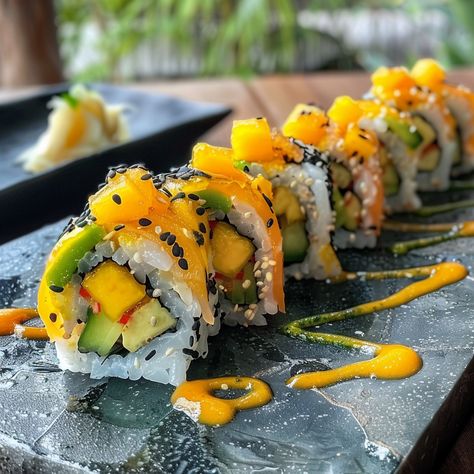 Enjoy the vibrant flavors of these Sushi Rolls with Mango and Chili, perfect for a refreshing and spicy twist on traditional sushi! 🍣🥭🌶️✨ Mango Roll Sushi, Mango Sushi Roll, Mango Sushi, Traditional Sushi, Chili Mango, Tiktok Recipes, Sushi Recipes, Sushi Rolls, Cookbook Recipes