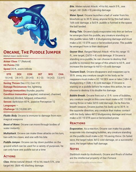 A D&D statblock for Orcane, from Rivals of Aether Dnd Ocean Monsters, Rivals Of Aether, Dnd Familiar Art, Dnd Animal Companion, Dnd Pet Companion, Dnd Animals, Dnd Pets, Ocean Monsters, Dungeons And Dragons Races