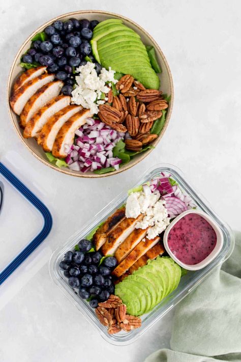 Grilled Chicken Salad with Blueberries - Carmy - Easy Healthy-ish Recipes Lunch Ideas With Grilled Chicken, Make Ahead Work Lunch, Small Meal Prep, Veggie List, Salad With Blueberries, Salad Lunch Box, Blueberry Vinaigrette, Lunch Summer, Work Lunch Ideas