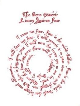 "Litany Against Fear" by Frank Herbert Fear Dune Quote, Bene Gesserit Tattoo, Dune Litany Against Fear Tattoo, Fear Is The Mind Killer Tattoo, Dune Tattoo, Litany Against Fear, Dune Quotes, Coping Cards, Literary Tattoo