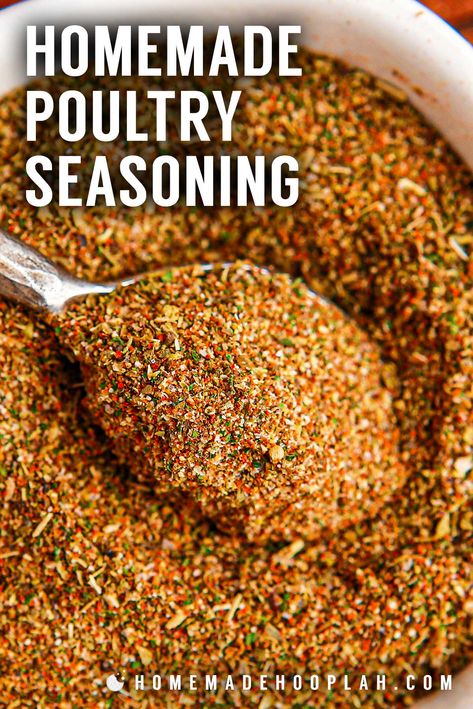 Homemade Poultry Seasoning! This kitchen-staple homemade poultry seasoning is made with a mix of dried herbs like sage, thyme, and rosemary, along with aromatic garlic and onion powders. | HomemadeHooplah.com Recipe For Poultry Seasoning, Diy Poultry Seasoning, Sweet Seasoning Mixes, Herb Mixes Recipes, Mixed Herbs Recipe, How To Make Poultry Seasoning, Diy Poultry Seasoning Recipe, Poultry Seasoning Recipe Simple, Homemade Poultry Seasoning