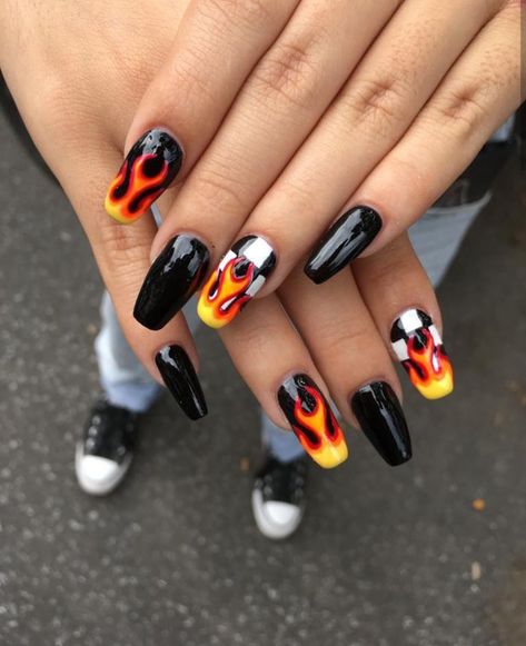 Black And White Fire Nails, White Fire Nails, Racing Nails, Bright Acrylic Nails, Rodeo Nails, Grey Acrylic Nails, Western Nails, Hippie Nails, Goth Nails