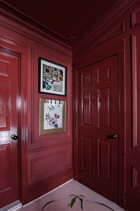 IMG_8601 Red Ceiling Living Room, Rectory Red Farrow And Ball, Gothic Red Bedroom, Dark Red Walls Bedroom, All Red Room, Red Office Design, Burgundy Hallway, Red Earth Farrow And Ball, Pink Red Bedroom