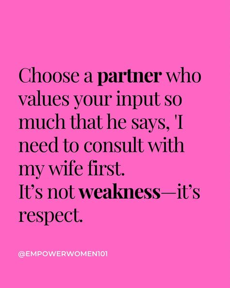 Choose a partner who values your input deeply. Comment „Yes” if you agree Imagine a relationship where your voice matters so much that he says, “I need to consult with my wife first. True respect isn’t a sign of weakness—it’s the foundation of a strong partnership. Double-tap if you value mutual respect in relationships, and comment “💍” if you agree. Follow @empowerwomen101 for more #ValueYourInput #MutualRespect #StrongPartnership #RespectInMarriage #SupportivePartner #HealthyRelationsh... Put Your Wife First Quotes, Value Your Wife Quote, Respect Your Wife Quotes Marriage, Respect In Relationships, Respect Your Wife, Trust Building, Your Voice Matters, Lack Of Respect, Behind My Back