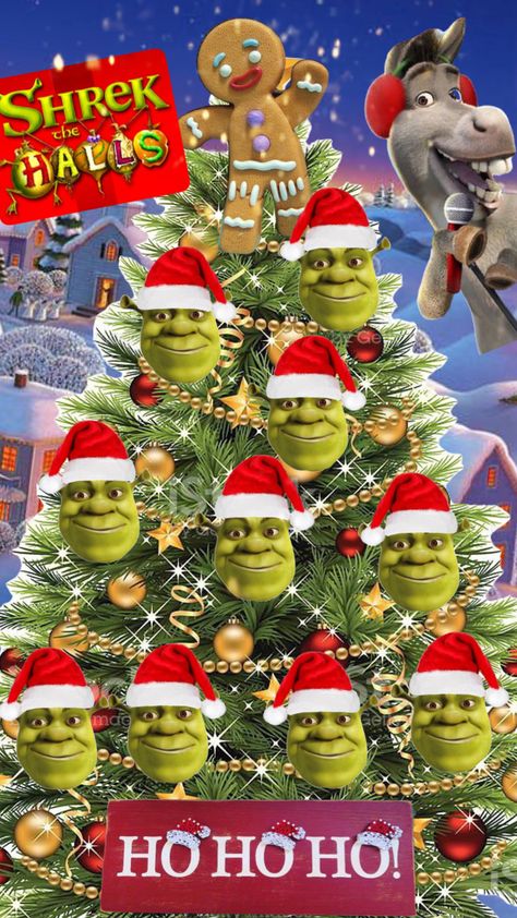 #shrek #donkey #gingy #christmas #tree #dreamworks #collage #shuffle #moodoard #film Shrek Donkey, Christmas Tree Wallpaper, Photos Of Taylor Swift, Thanksgiving Wallpaper, Matching Wallpaper, Shrek, Christmas Door, Really Funny Memes, Christmas Wallpaper