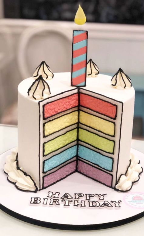 31. White Cake with Layered of Rainbow Have a birthday party coming up? A birthday party won’t be complete without a birthday cake.  Everyone... Rainbow Comic Cake, Cartoon Style Birthday Cake, Comic Book Style Cake, Cartoon Style Cake, Comics Cake Ideas, Cake Bonbon, Cakes Cartoon, Sprinkle Drip Cake, Simple Comic