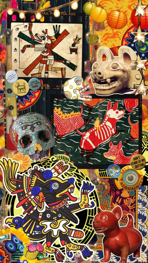 Xolotl mitskitlasohtla 🥰 #indigenous #mexico #aztec #xolotl #paganism #colorful #cluttered #apophis Aztec Mythology Aesthetic, Cool Mexico Wallpaper, Aztec Aesthetic, Mexico Collage Wallpaper, Ancient Aztec Aesthetic, Tlaloc Aztec God, Aztec Wallpaper, Hospitality Projects, Skull Wallpaper