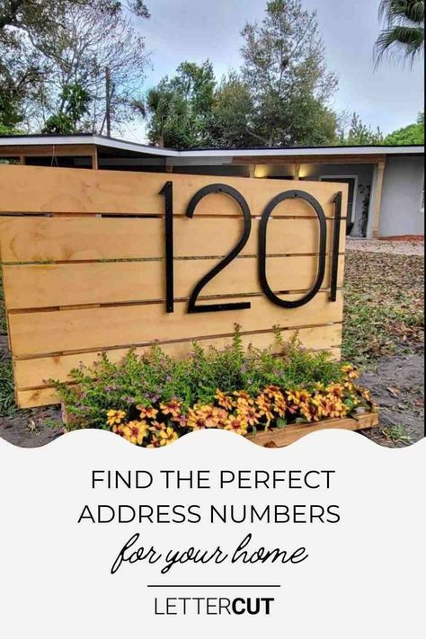 House Number Ideas For Yard, Midcentury House Numbers, House Number Ideas Outdoor, Modern Address Numbers, Address Sign Ideas, Address Signs For Yard, Modern House Numbers Sign, Mid Century Exterior, Modern House Numbers