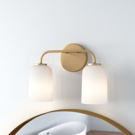 Lark Manor Aliceyn 2 - Light Dimmable Vanity Light & Reviews | Wayfair Simple Bathroom Light Fixtures, Brass Bathroom Light Fixtures, Bathroom Lighting Inspiration, Vanity Lighting Over Mirror, Country Bathroom Vanities, Brass Bathroom Lighting, Bathroom Lights Over Mirror, Bungalow Bathroom, Cottage Style Bathrooms