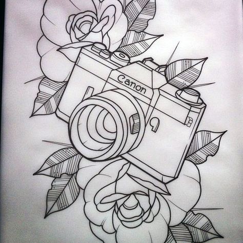 I love this. Maybe something like this for my track tattoo that I realllllllly want. On my thigh! Lol Vintage Camera Tattoos, Tattoo Fairy, Camera Tattoo Design, Camera Tattoos, Camera Drawing, Camera Tattoo, Tattoo Stencil Outline, Flowers Tattoo, Tattoo Sketch