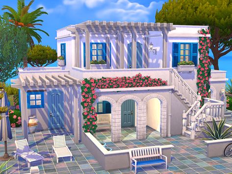 Greek Summer House, Sims 4 No Cc House, Greek Style House, Modern Greek House, No Cc Sims, Italian House Plans, Greek Style Home, Greek Homes, Greece Homes