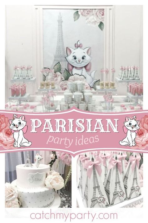 The Aristocats Birthday Party, Aristocats Party Decorations, Aristocat Birthday Party Ideas, Disney Marie Birthday Party, Paris Themed 1st Birthday Party, Marie Cat Birthday Party Decorations, Aristocrats Marie Birthday, Paris 1st Birthday Party, Marie The Cat Birthday Theme