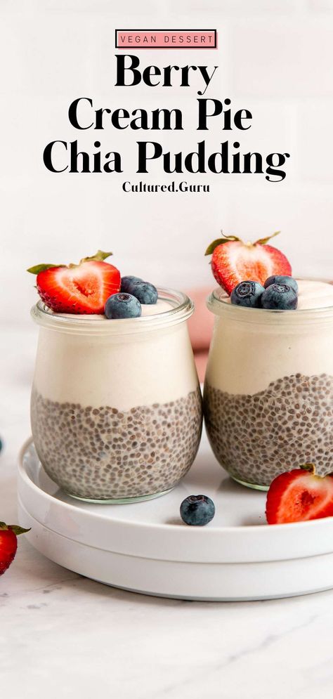 This berry cream pie chia pudding is quite easy to make and full of creamy vanilla flavor! This is a simple and quick no-bake recipe that is naturally vegan, gluten-free, and paleo-friendly. It's a gut-healthy dessert everyone can enjoy. #chia #pudding #berry #creampie Berry Cream Pie, Vanilla Chia Pudding, Chia Recipe, Gut Health Recipes, Vanilla Flavor, Vegan Dinner, Vegan Dessert Recipes, Chia Pudding, Vegan Breakfast Recipes