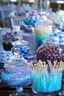 light turquoise and purple wedding | Blue and Purple Candy Buffet Sequin Cake Table, Wedding Blue Cake, Purple Candy Bar, Purple Candy Buffet, Blue Candy Buffet, Candy Buffet Bar, Candy Buffet Ideas, Yellow Weddings, Candy Tables