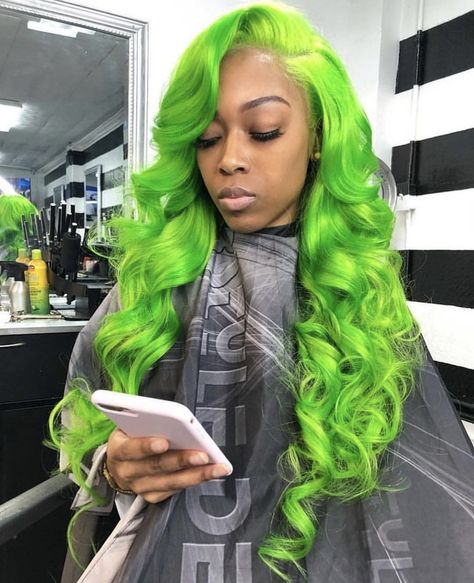 Neon slime green lace frontal weave sew in 4x4 Wig, Gang Color, Hair Colorful, Green Wig, Colored Wigs, Hair Laid, Trending Hairstyles, Box Braids Hairstyles, Love Hair