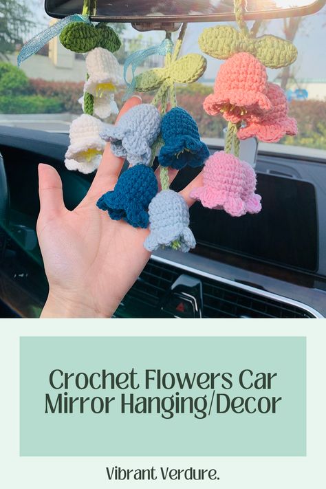 Crochet Car Hanging Free Pattern, Crochet Car Mirror Hanging Pattern Free, Crochet Car Plant, Crochet Car Mirror Hanging, Crochet Mirror, Crochet Lily Of The Valley, Crochet Lily, Car Items, Car Mirror Decorations