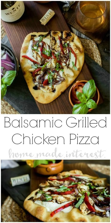 Balsamic Glazed Chicken Pizza | This easy naan pizza is fresh and light. It makes a great lunch recipe. Balsamic Glazed Chicken Pizza recipe is an easy pizza recipe with fresh ingredients. It’s an easy weeknight dinner and is a single serving pizza recipe that the entire family will enjoy. AD LoveOfTheJourney Grilled Chicken Pizza, Pizza Naan, Easy Naan, Chicken Pizza Recipe, Naan Pizza Recipes, Pizza Vegana, Balsamic Glazed Chicken, Chicken Pizza Recipes, Chicken Flatbread