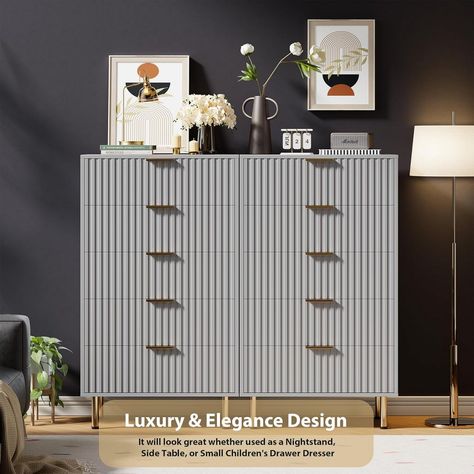 Garvee Fluted 5 Drawer Dresser for Bedroom, 48" Tall Modern Chest of Drawers, Wooden Dresser Organizer for Living Room, Hallway, Kids Room, Gray Kids Room Grey, Dresser Organizer, Modern Chest Of Drawers, 5 Drawer Dresser, Dresser Organization, Dresser For Bedroom, Wooden Dresser, Living Room Hallway, Drawer Dresser