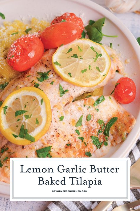 This tasty and EASY Lemon Garlic Butter Baked Tilapia may be the most moist and flavorful fish you’ll ever make! Super simple ingredients! Lemon Tilapia Baked, Garlic Butter Baked Tilapia, Lemon Garlic Tilapia Recipes, Lemon Garlic Butter Tilapia, Lemon Butter Garlic Fish, Creamy Potato Leek Soup, Frozen Tilapia, Baked Tilapia, Dinner Favorites