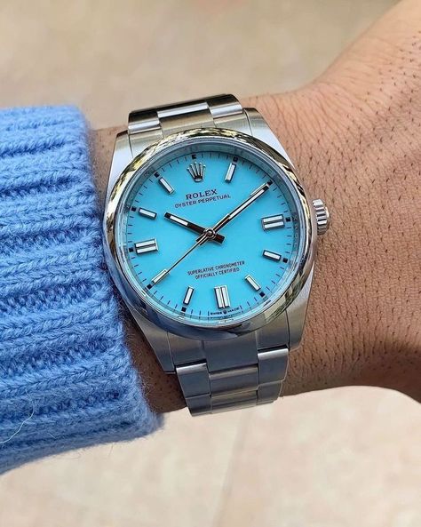 Rolex Oyster Perpetual with “Tiffany blue” dial seems to be quite popular these days. Wonder why 😉 credits: aressted_time Tiffany Watches, Rolex Blue, Wear Watch, Expensive Jewelry Luxury, Cigars And Whiskey, Dream Watches, Blue Watches, Expensive Jewelry, Rolex Oyster Perpetual