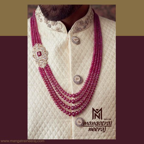 Dhoti Function, Ruby Jewelry Necklaces, Indian Groom Wear, Happy Jewelry, Boys Kurta, Groom Accessories, Kurta Pyjama, Indian Groom, Ruby Beads