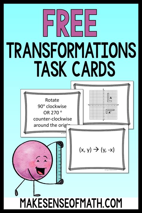 Grab this free activity to practice transformations in your middle school math classroom. Your 8th grade math and Geometry students will love using these task cards in games, stations, or activities as they practice translations, rotations, reflections, and dilations. Click here to grab this free eighth grade math activity. #makesenseofmath Reflection Math, Translations Math, Middle School Math Worksheets, Transformations Math, Algebra Classroom, Maths Activities Middle School, Middle School Math Teacher, Geometry Activities, Teaching Algebra