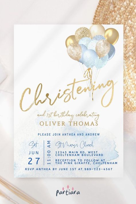 Self-editable 5x7" invite - follow the link for details and free demo! ♦ Easily edit online in your browser then download and print or send digitally ♦ A modern blue and gold balloons invitation design perfect for your boy’s christening and 1st birthday ♦ #boyschristeningideas #boyschristening #christeninginvitation #blueandgoldtheme #balloonsinvitation #1stbirthday #editableinvitation and #printableinvite Christening Ideas Boy, Blue Gold Balloons, Tangled Invitations, Blue Gold Decor, Baptism Invitation For Boys, 1st Birthday Invitations Boy, Christening Invitations Boy, Balloon Invitation, Christening Invitation